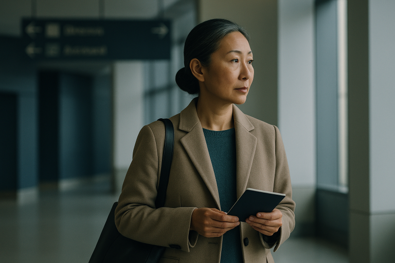 An international patient navigating an airport, illustrating medical tourism insurance.
