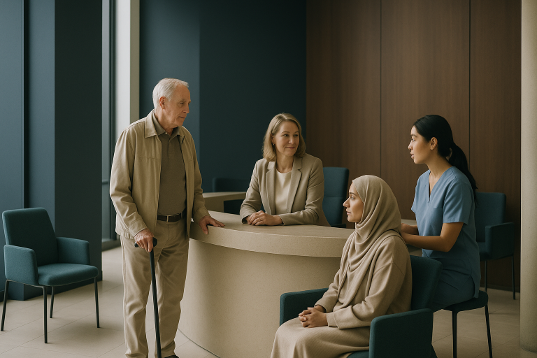 Medical tourism news: international patients in a hospital lobby.
