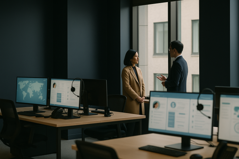 Medical tourism providers executive workspace with call center software displayed on screens.