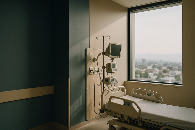 A medical trip destination hospital room in Mexico with advanced medical equipment.