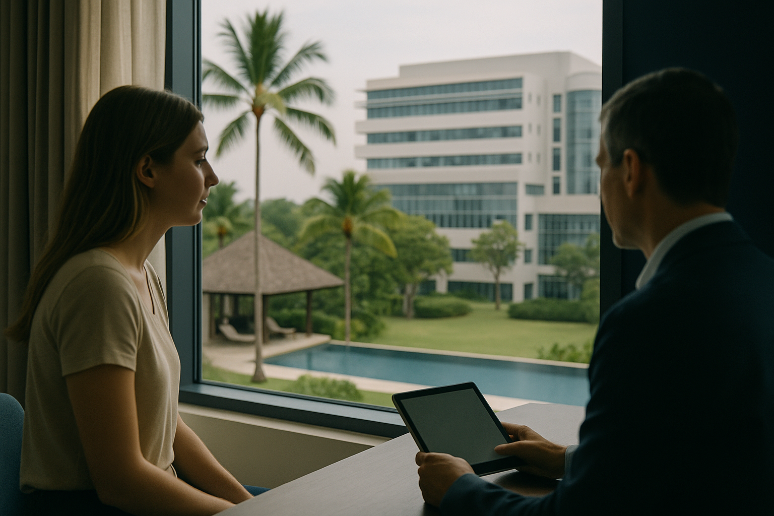 A serene tropical resort next to a modern medical facility, representing a medical vacation.
