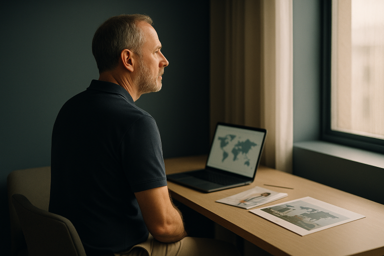 Medical vacations workspace with marketing materials and global destination map.