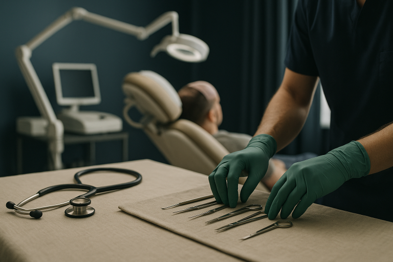 Patient undergoing no shave FUE hair transplant procedure in a modern clinic.