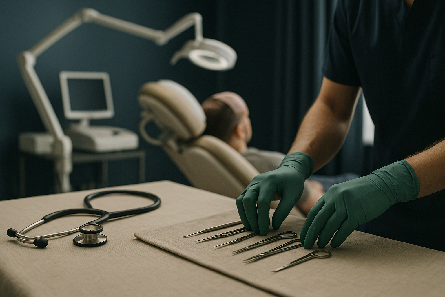 Patient undergoing no shave FUE hair transplant procedure in a modern clinic.