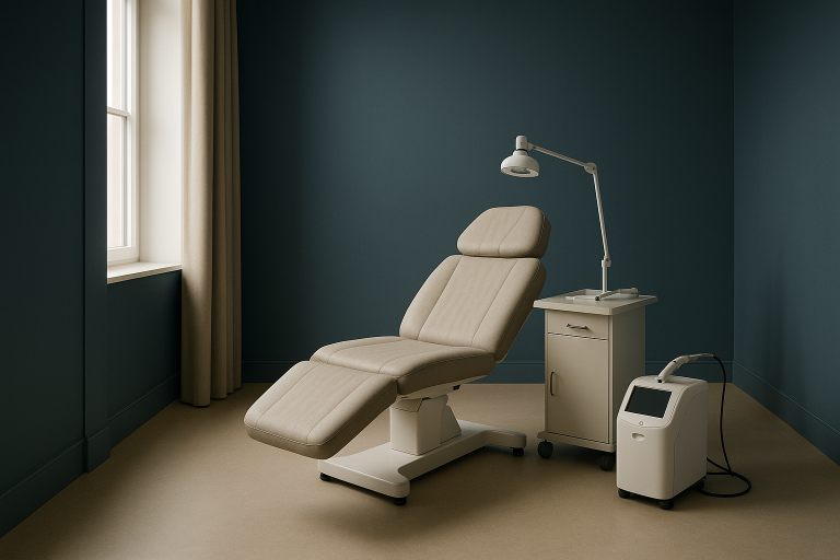 A cosmetic clinic room showing a practitioner discussing nose filler cost and procedures with a patient.