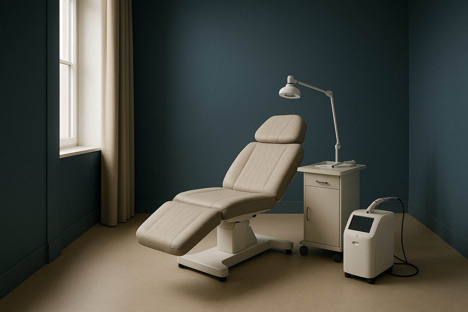 A cosmetic clinic room showing a practitioner discussing nose filler cost and procedures with a patient.