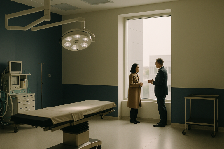 Operating theatre in Turkey prepared for otoplasty surgery, showcasing surgical equipment and a sterile environment.
