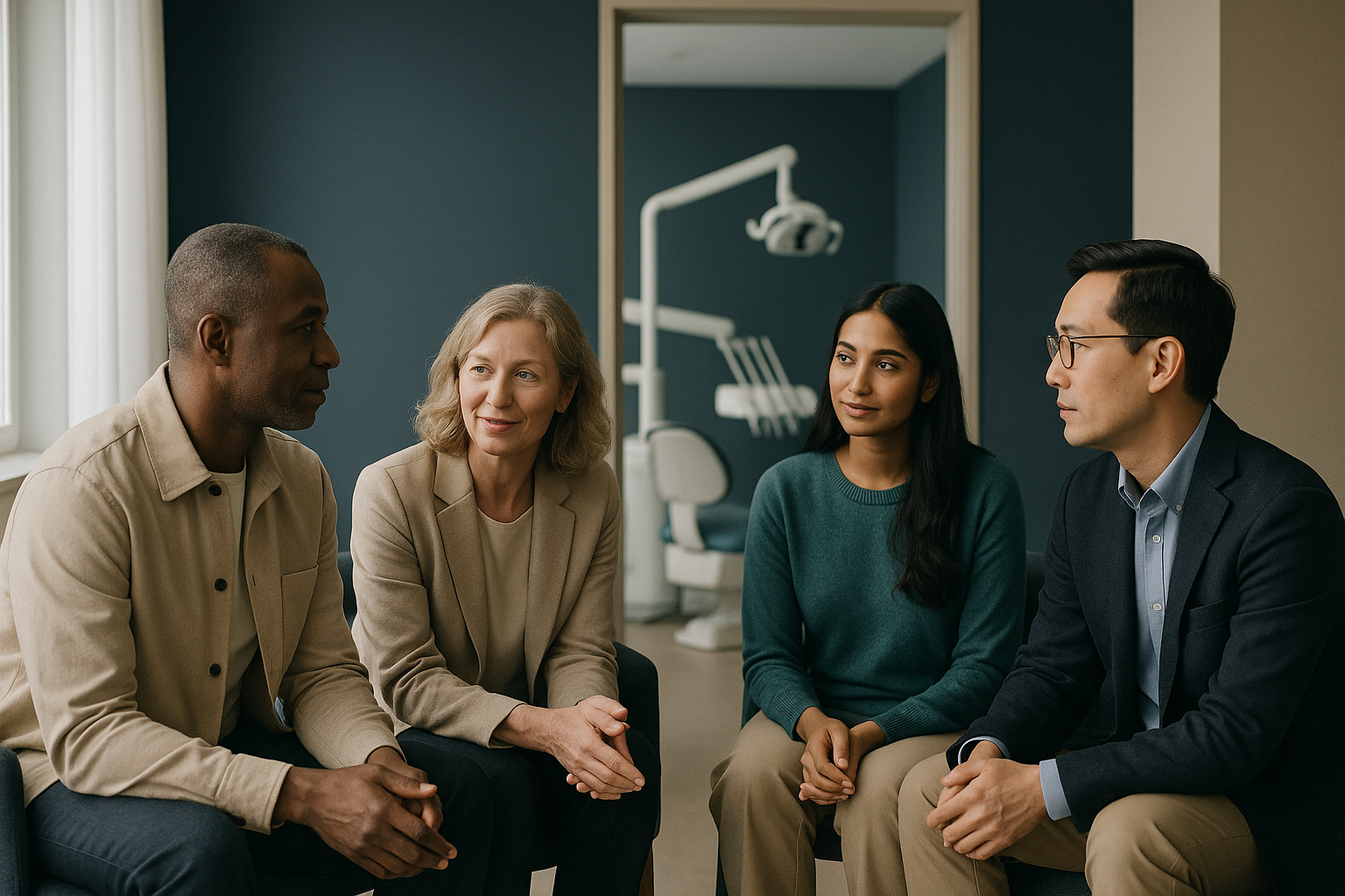 A group discussing overseas dental care in a modern clinic setting.