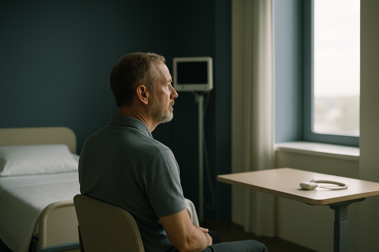 Patient services coordinator managing international patient care in a modern hospital office setting.