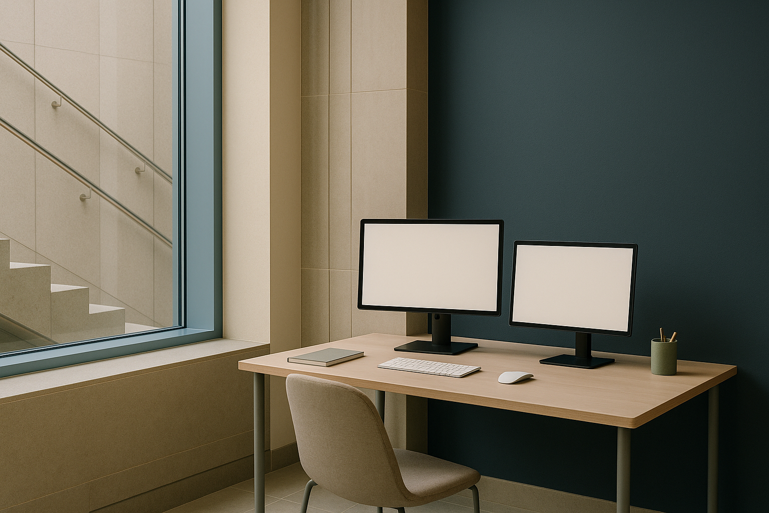 Physician marketing strategy displayed on digital screens in a modern executive workspace.