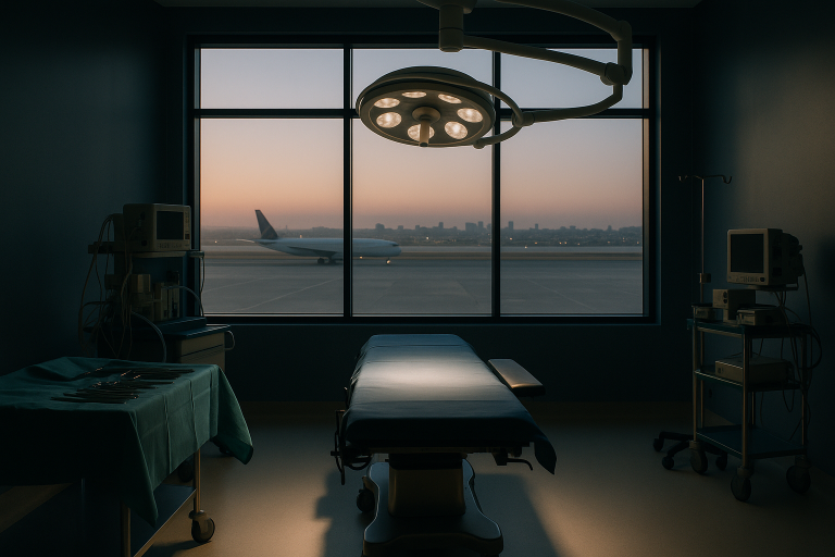 Operating theatre in Istanbul prepared for plastic surgery, with sterile equipment and surgical team.