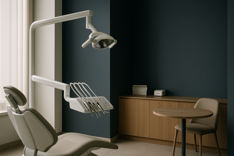 Dentist preparing porcelain veneers in a modern dental clinic.