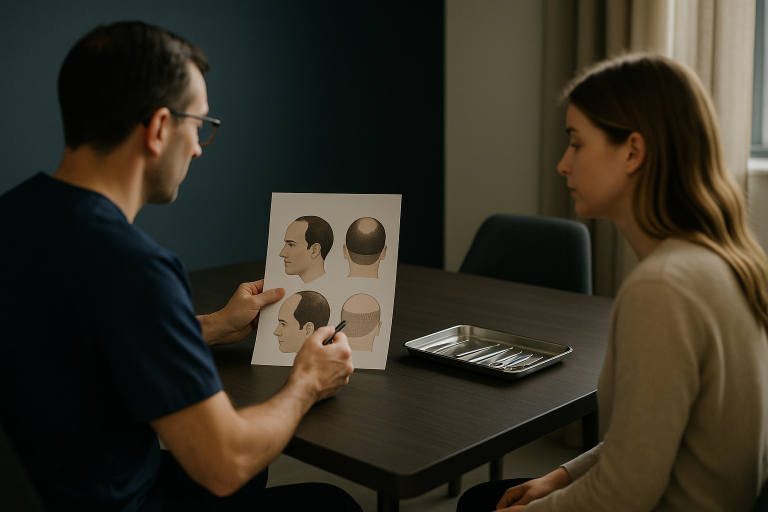 Consultation for hair replantation in a modern clinic with a surgeon and patient.