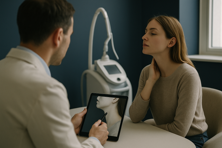 A doctor consulting with a patient about sagging neck treatment options in a cosmetic surgery clinic.