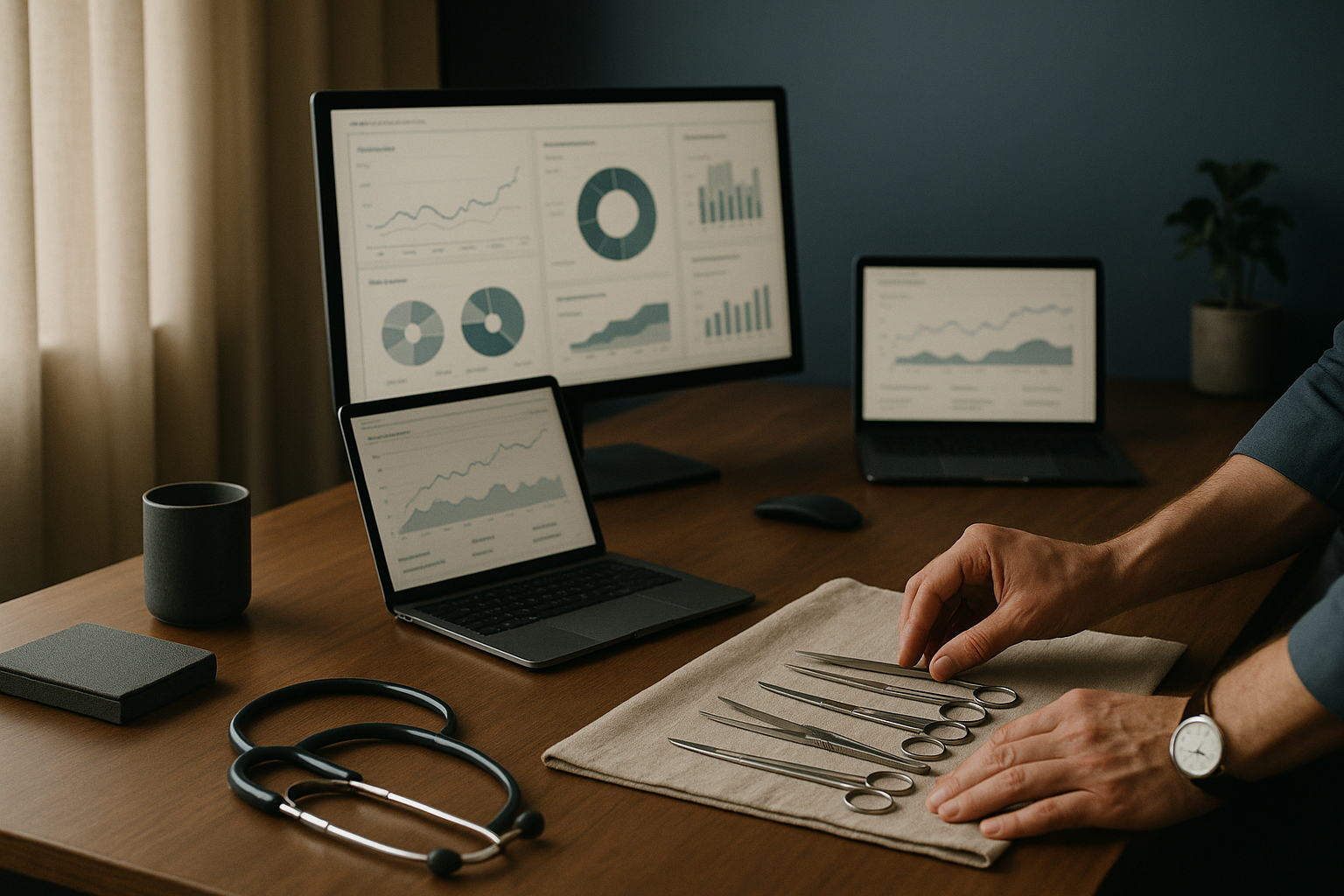 Modern executive workspace illustrating SEO for doctors with data analytics on screens.