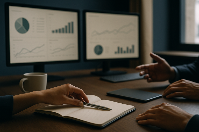SEO for doctors strategy meeting in a modern office with digital marketing dashboards.