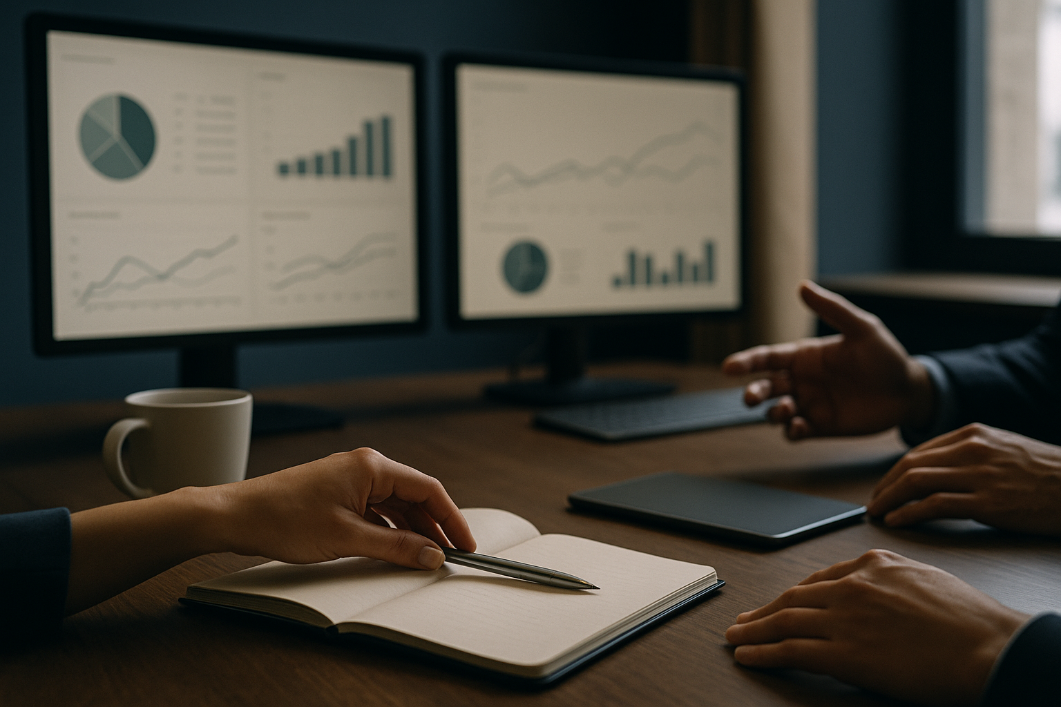 SEO for doctors strategy meeting in a modern office with digital marketing dashboards.