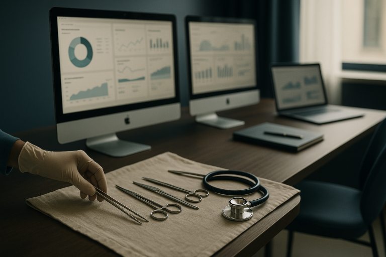 SEO medical marketing strategies displayed on computers in a modern executive workspace.
