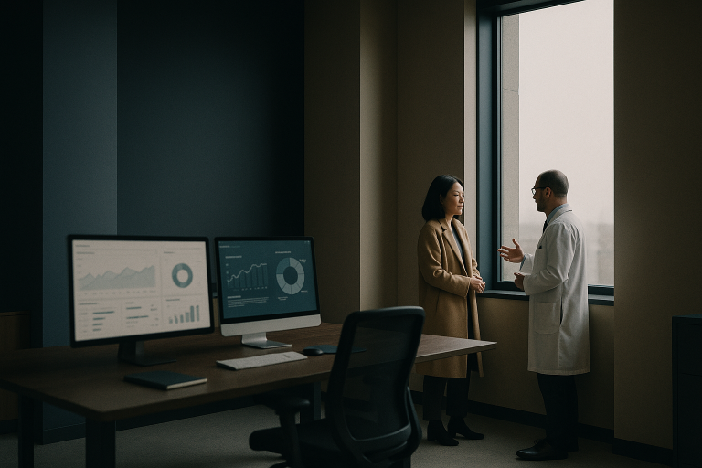 SEO services for doctors discussed in a modern executive workspace with digital marketing analytics.