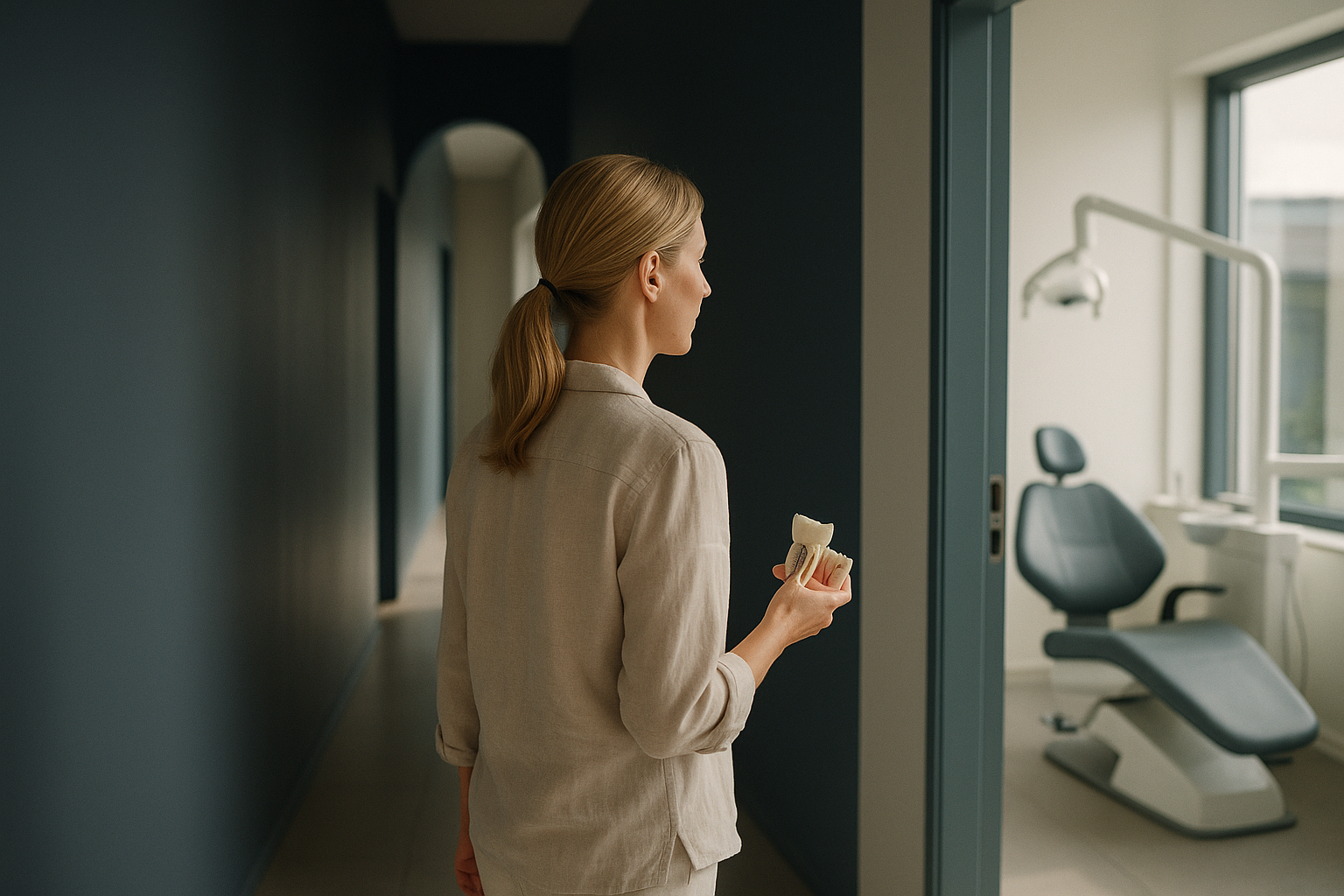 A dentist demonstrating teeth implants in a modern dental clinic.