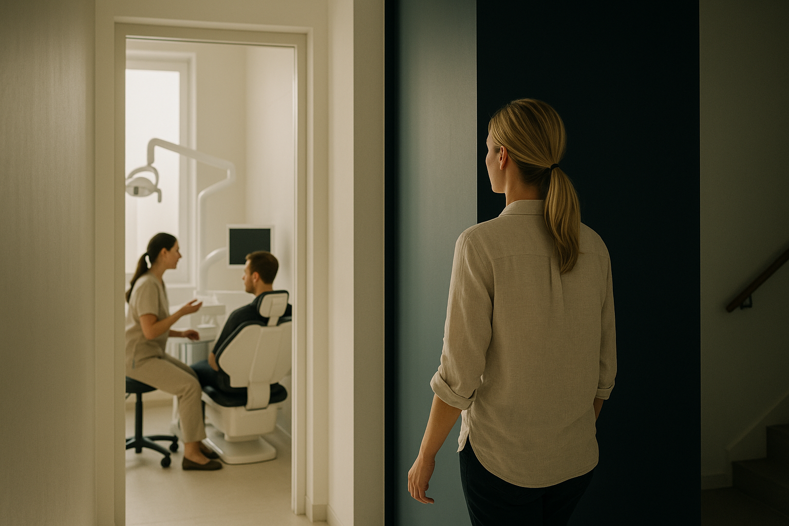 Dental clinic with dentist explaining teeth veneers cost to a patient.