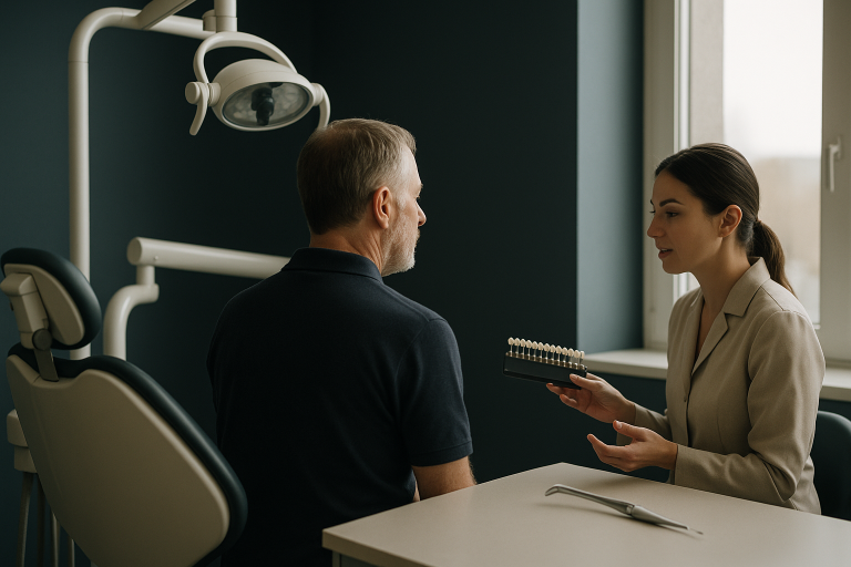 A dentist and patient discussing how much teeth veneers cost in a dental clinic setting.
