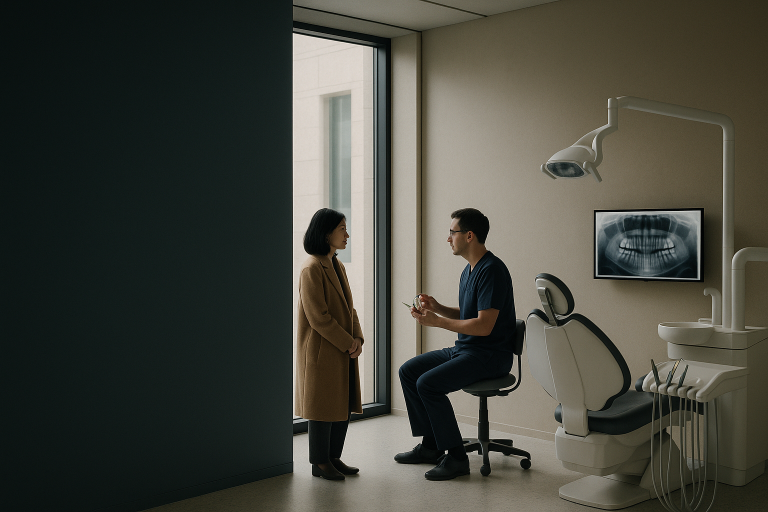 Dentist discussing teeth veneers with a patient in a modern dental clinic.