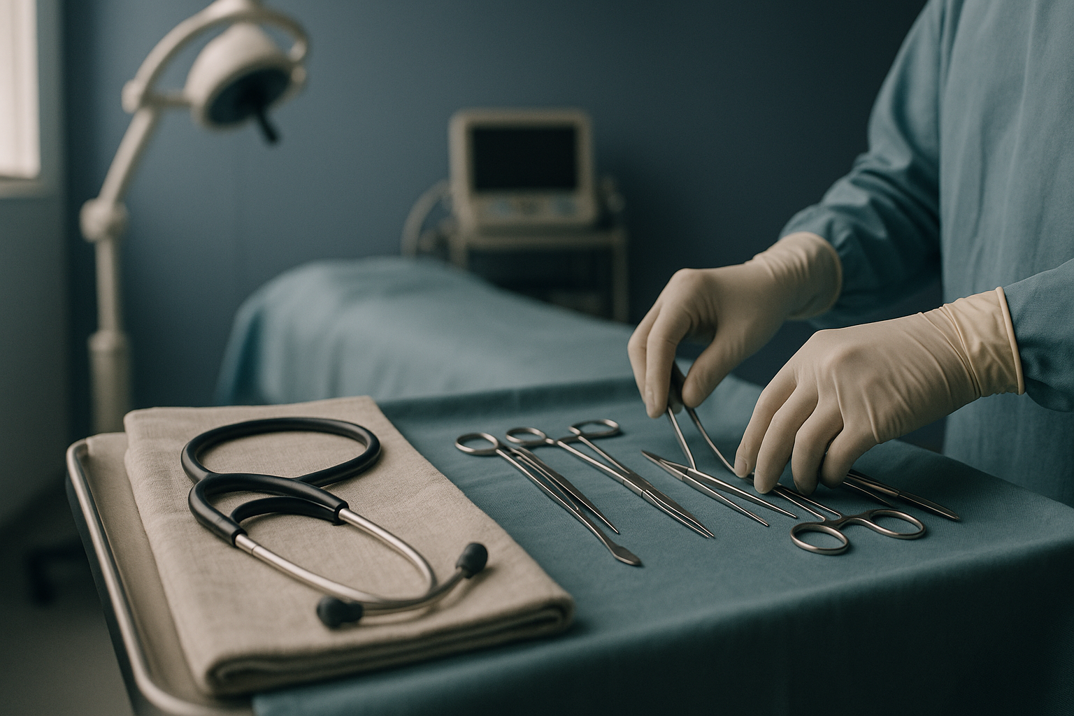 Operating theatre setup for tip plasty, highlighting instruments and sterile conditions.