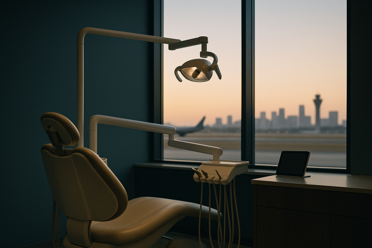 A dental clinic setting illustrating the cost of tooth implants with dental equipment and patient consultation.