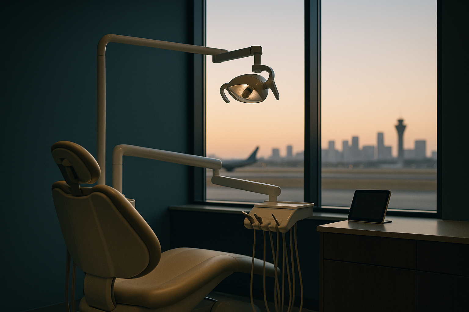 A dental clinic setting illustrating the cost of tooth implants with dental equipment and patient consultation.