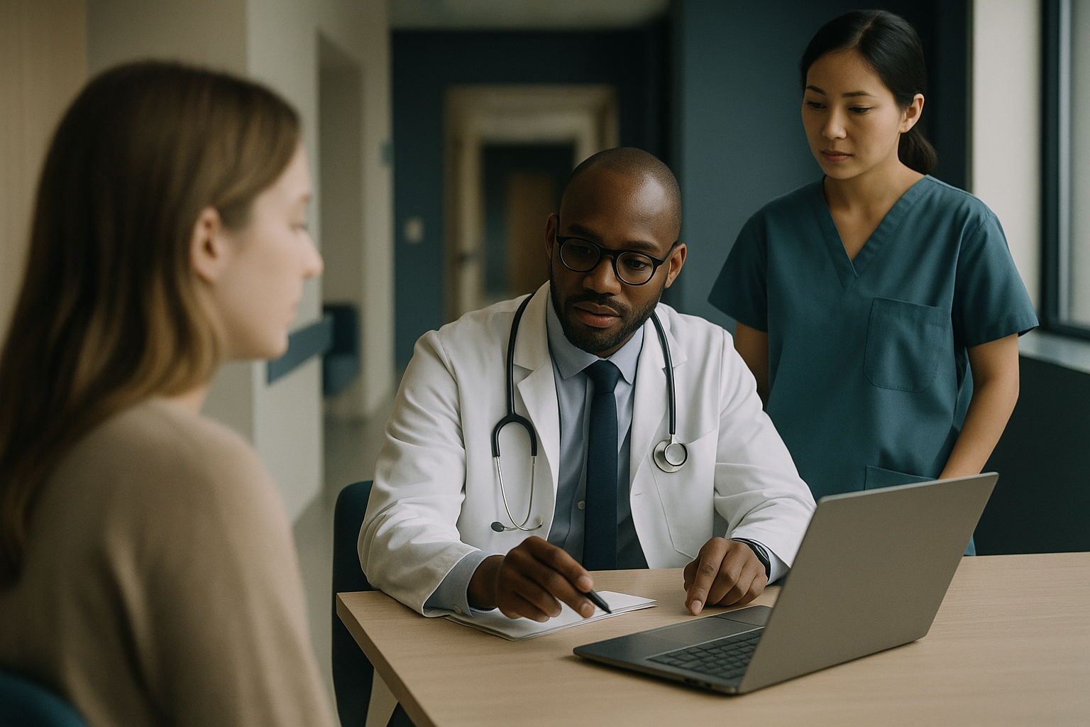 International hospital's patient department consulting a global patient, illustrating trav med services.
