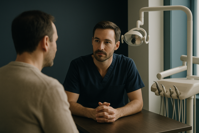 Patient discussing travel dental treatment options with a dentist at an international clinic.