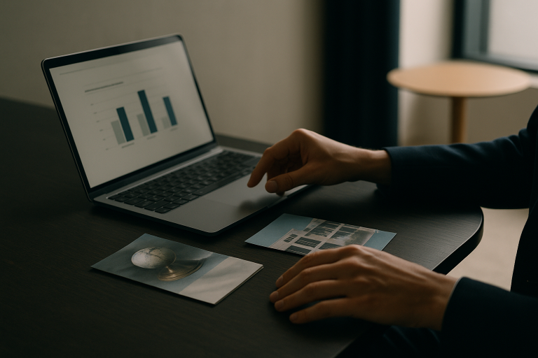 Executive workspace with travel insurance discussion, featuring travel insurance comparison data on a laptop.