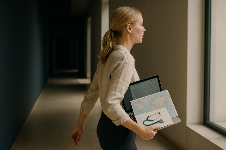 Travelling doctors workspace with maps and medical documents