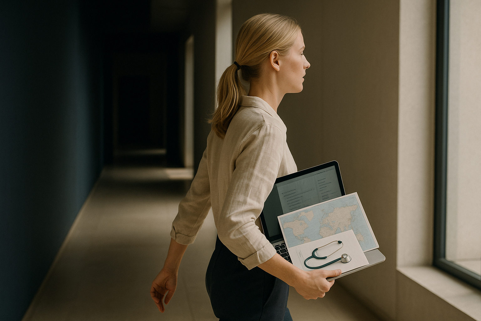 Travelling doctors workspace with maps and medical documents