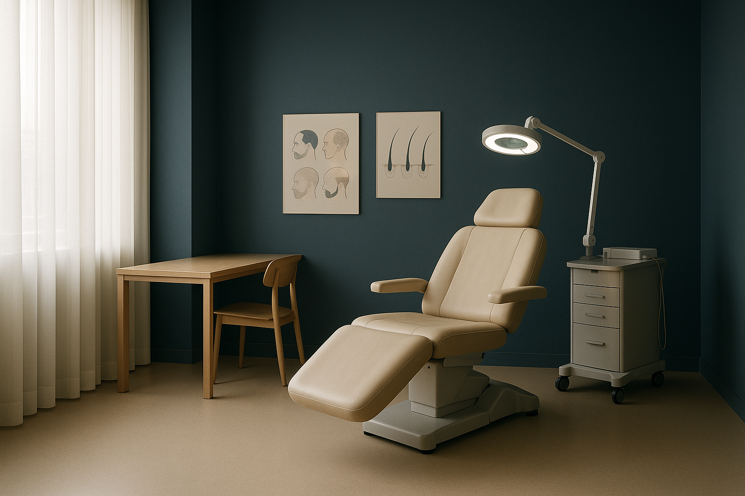 A consultation room in a Turkish clinic for beard transplants, with a specialist explaining the procedure to a patient.
