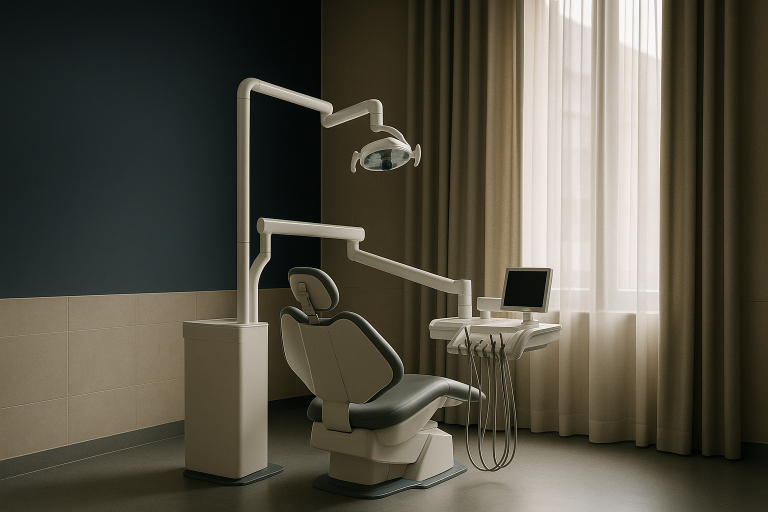 Modern dental clinic in Turkey for dental tourism with advanced equipment and a dentist consulting a patient.