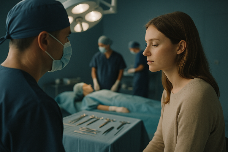 Surgeons preparing for a turkey face lift in a modern operating theatre.
