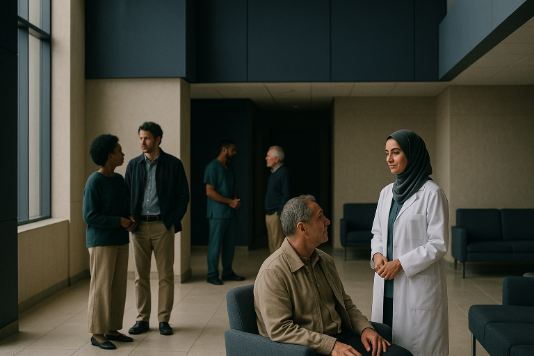 Turkey hair surgery patients in a modern hospital lobby.