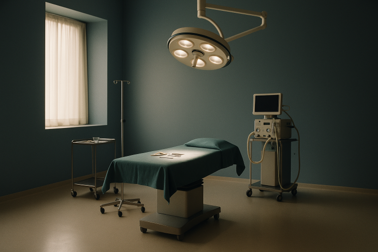 Operating theatre in Turkey set up for a turkey neck lift surgery, with surgical tools and equipment in view.