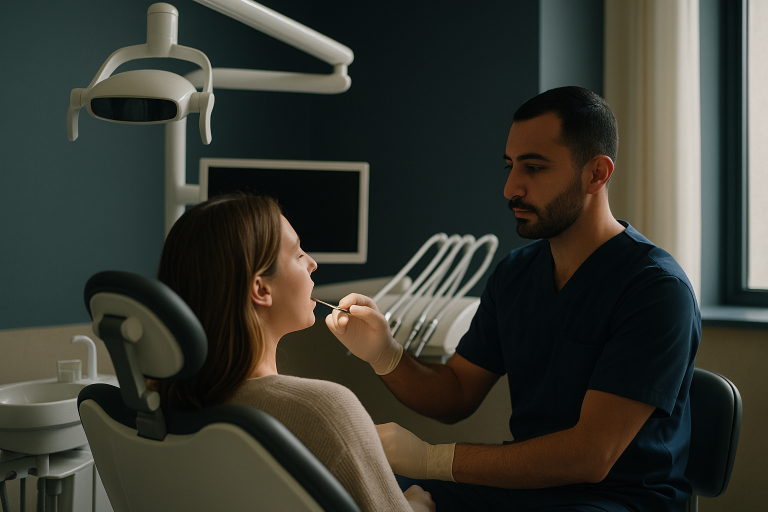Dentist in a Turkish dental clinic examining a patient's teeth, highlighting the process of getting a Turkish crown.