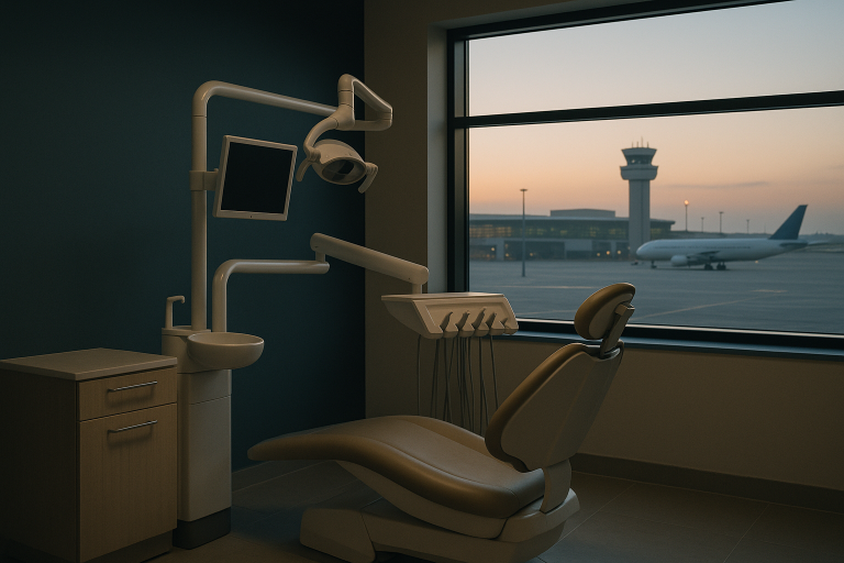 Inside a modern Turkish dental clinic, showing a dentist working with a patient.