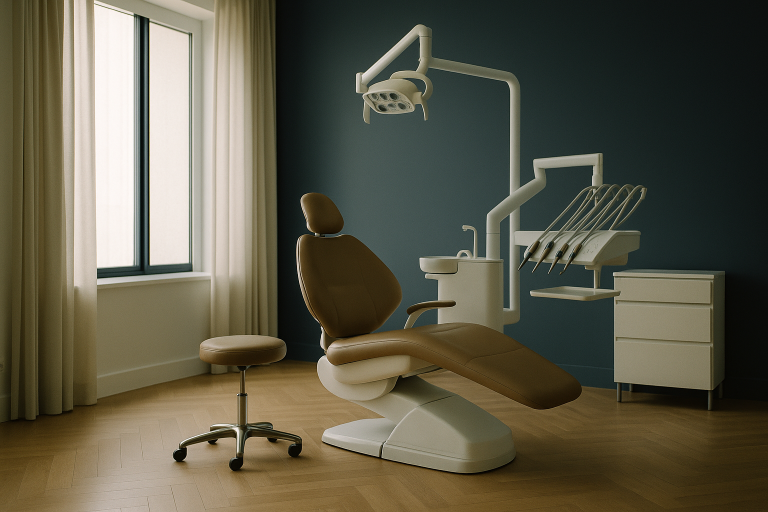 Inside a Turkish dental clinic with modern equipment and a dentist consulting a patient.