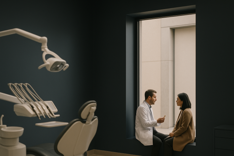 Modern Turkish dental clinic discussing dental implants with an international patient.
