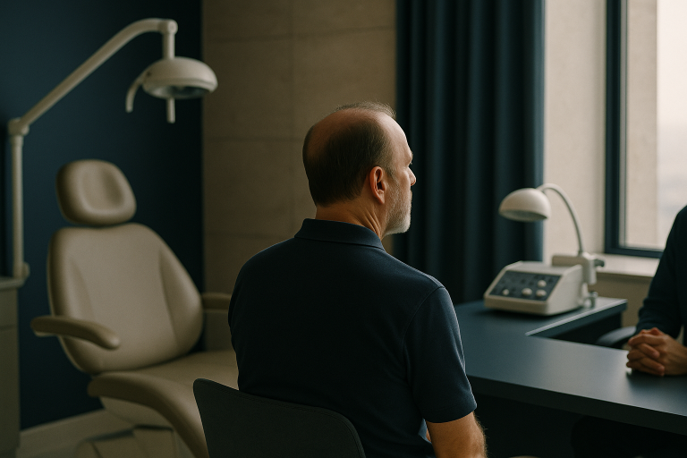 Patient consulting with a professional in a modern Turkish hair restoration clinic.