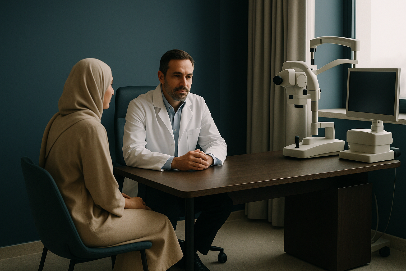 A doctor consulting a patient about a Turkish hair transplant in a modern clinic.