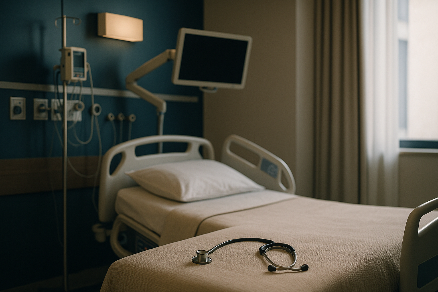 A modern Turkish hospital room with advanced medical equipment and a nurse attending to a patient.