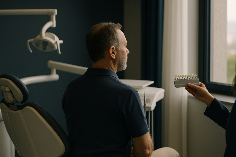 Dentist showing veneer treatment teeth options in a modern dental clinic in Turkey.