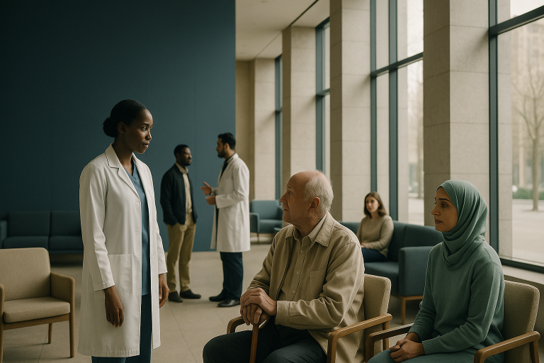 International hospital lobby with diverse patients, illustrating medical tourism.