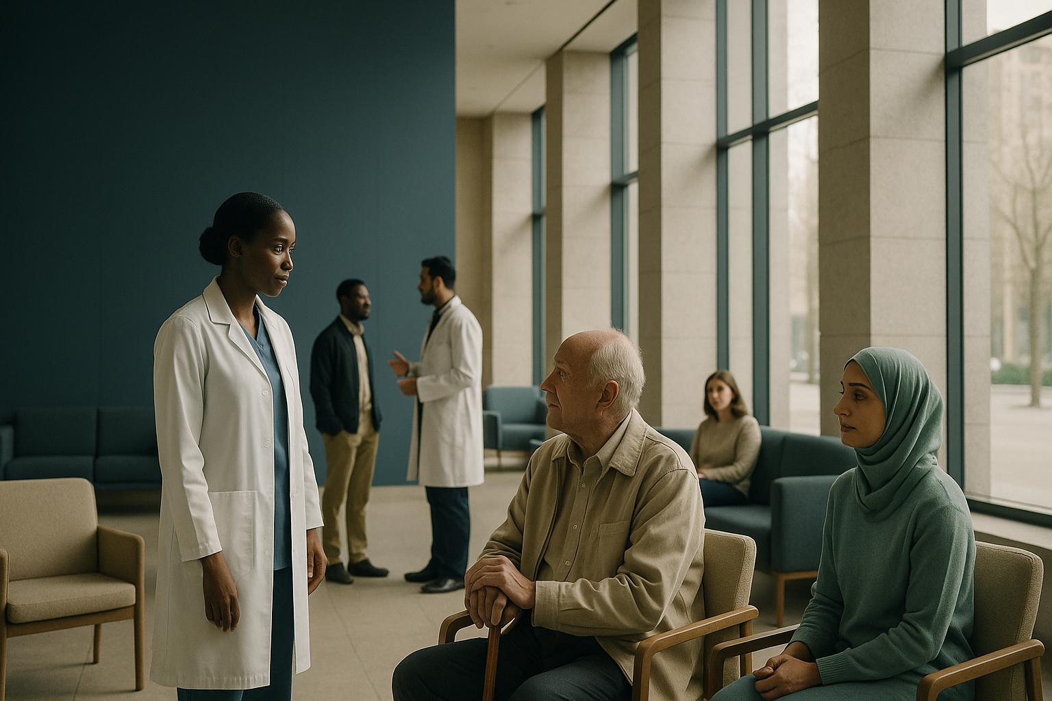 International hospital lobby with diverse patients, illustrating medical tourism.